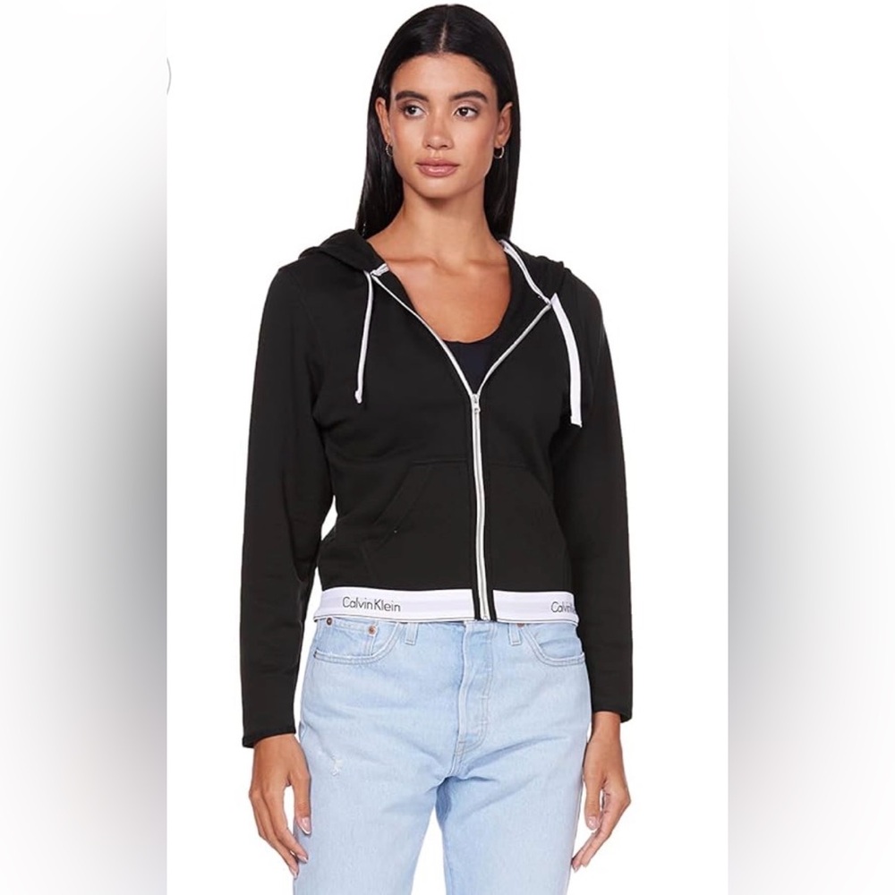 Calvin Klein Black Zip-Up Hoodie with White Trim women large pockets